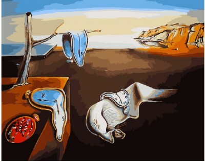 Relógios derretidos em paisagem desértica com céu azul e rochas