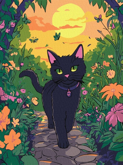 Ilustração de um gato preto num caminho de pedras florido ao pôr-do-sol