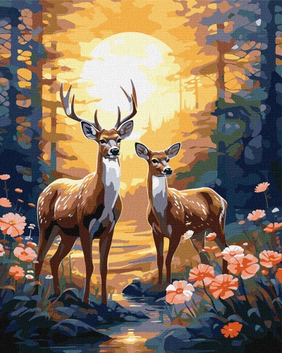 Pintura em tela de veados num bosque iluminado por luz quente ao fundo