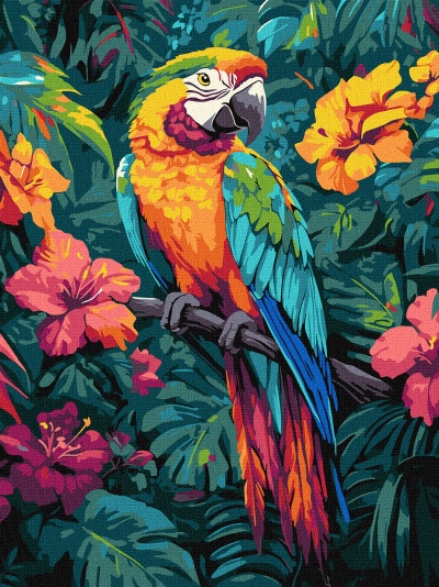 Pintura por números colorida de um papagaio tropical empoleirado em galho com flores tropicais.