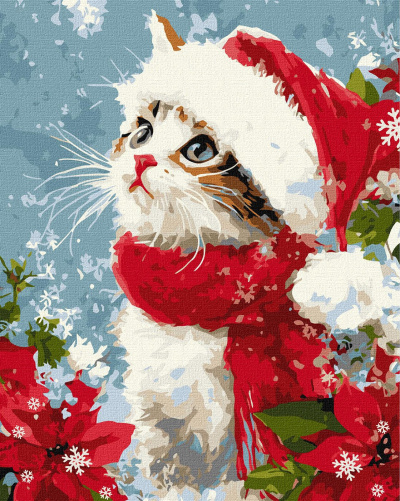Gato pintado com gorro e cachecol vermelhos, flores vermelhas e neve sobre fundo azul.