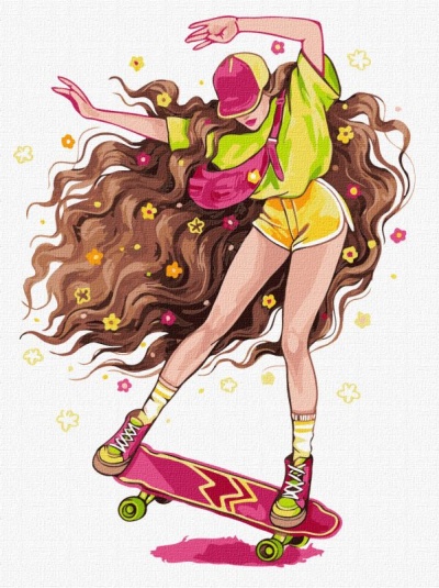 Ilustração de jovem a andar de skate com roupa desportiva colorida e flores no cabelo