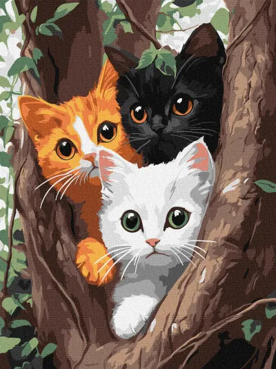 Pintura em tela de três gatos coloridos dentro do tronco de árvore com textura visível.