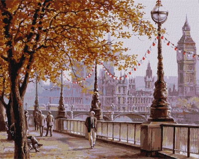 Passeio outonal junto ao rio em Londres com Big Ben e Parlamento ao fundo.