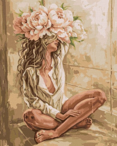Quadro de mulher sentada com flores sobre a cabeça
