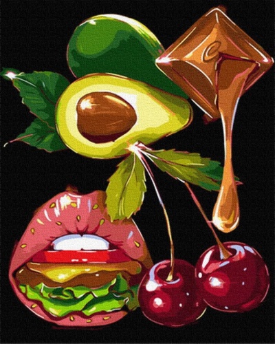 Ilustrações coloridas de boca com hambúrguer, abacate, cerejas e cubo derretido sobre fundo preto