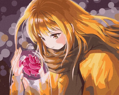 Personagem feminina segurando rosa vermelha em redoma de vidro