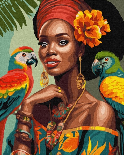 Ilustração de mulher com turbante vermelho, flor laranja e joias, entre duas araras coloridas
