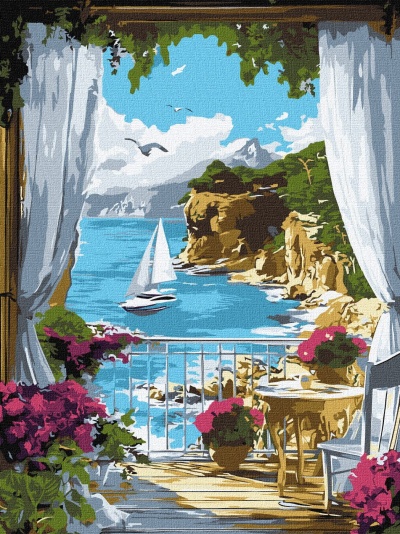 Pintura de um terraço com flores e vista para o mar com veleiro e penhascos, cortinas brancas abertas