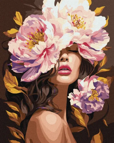 Ilustração digital de mulher com flores cor-de-rosa na cabeça e lábios rosa