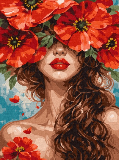 Pintura digital de mulher com flores vermelhas cobrindo os olhos e cabelos castanhos ondulados.