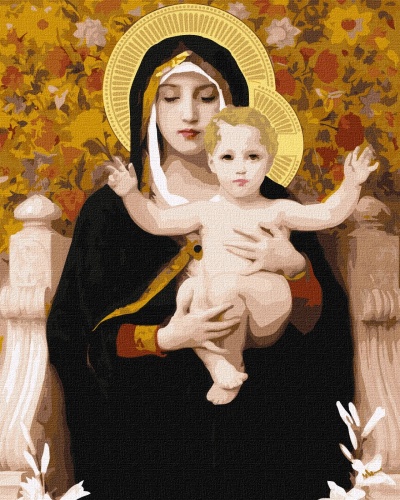 Pintura religiosa da Virgem Maria com Menino Jesus e fundo com flores amarelas.