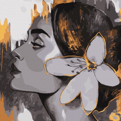 Ilustração artística de mulher em perfil com flor branca e detalhes dourados.