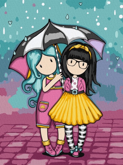 Ilustração de duas raparigas com guarda-chuva a chover, em fundo colorido