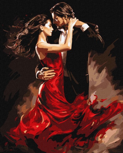 Casal a dançar com vestido vermelho e fato preto em fundo abstrato escuro.