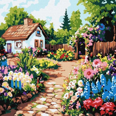 Pintura a óleo de casa branca com jardim florido e caminho de pedras