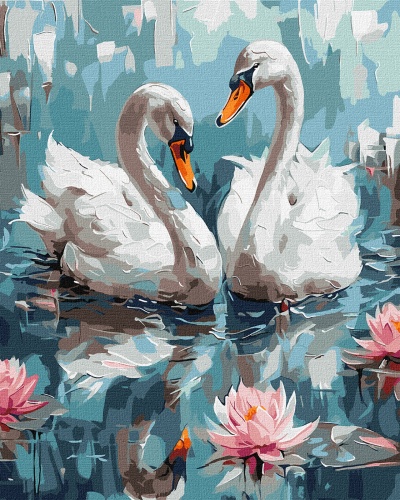 Pintura de dois cisnes na água com flores de lótus cor de rosa.