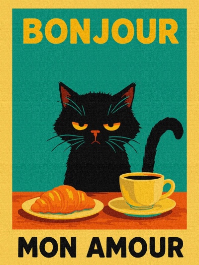 Ilustração de gato preto com croissant e chávena de café com texto Bonjour Mon Amour