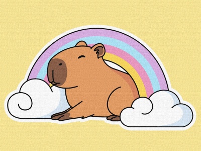 Desenho de cágado com arco-íris e nuvens em fundo amarelo.