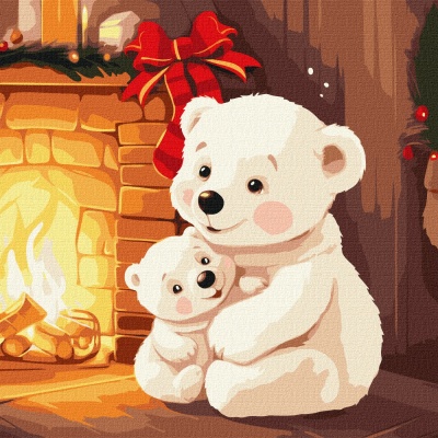 Ilustração de dois ursos polares brancos perto de lareira com meia de Natal vermelha