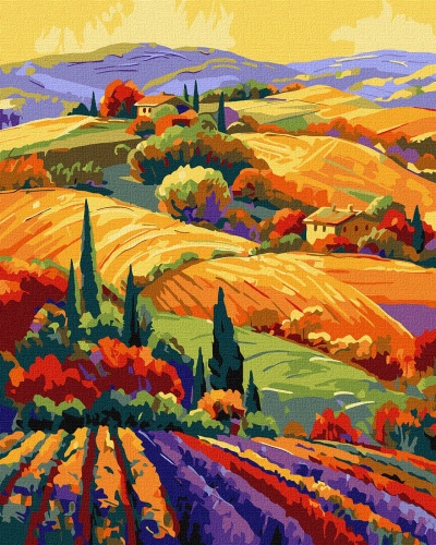 Pintura colorida de paisagem campestre com campos dourados e árvores altas