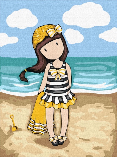 Ilustração de menina em vestido listrado na praia com céu azul