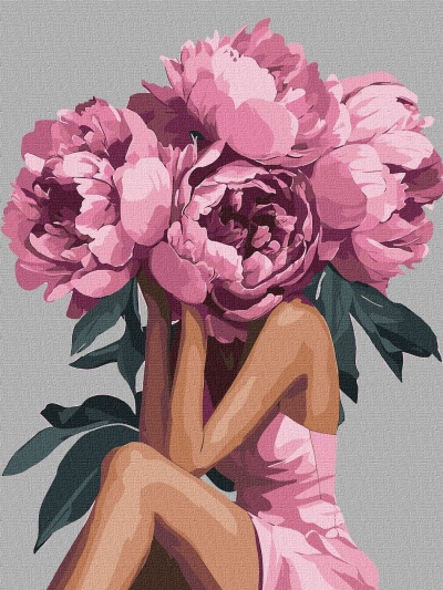 Ilustração de mulher com cabeça coberta por flores rosas e vestido rosa.