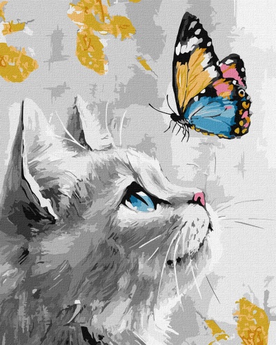 Pintura de gato cinzento com olhos azuis olhando para borboleta colorida