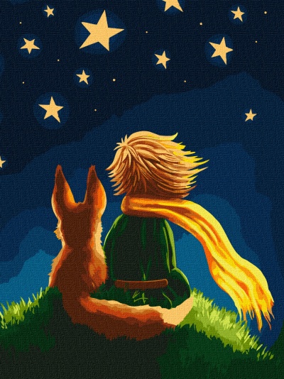 Criança e cão sentados de costas observando o céu estrelado