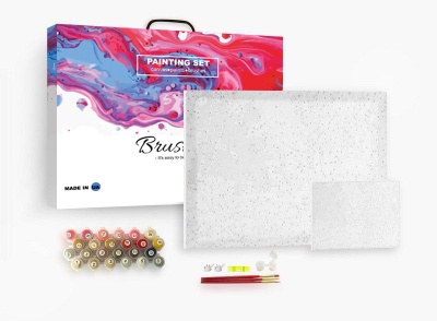 Conjunto de pintura com caixa, telas, tubos de tinta e pincéis