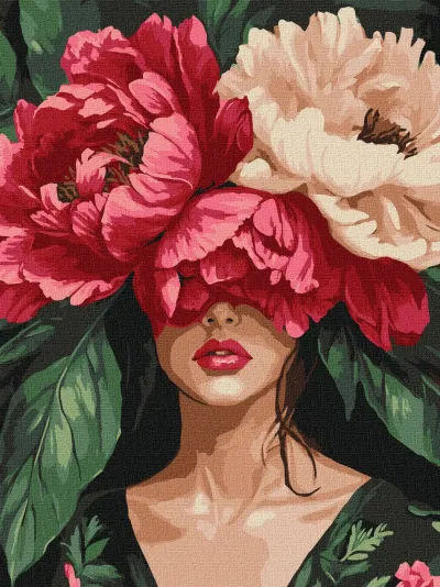Pintura de mulher com flores grandes vermelhas e brancas cobrindo os olhos