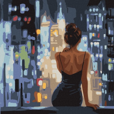 Mulher de costas com vestido preto olhando para cidade iluminada à noite pintada em tela.