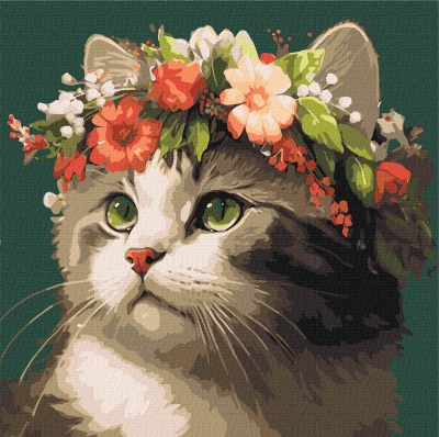 Pintura de gato com coroa de flores coloridas e fundo verde
