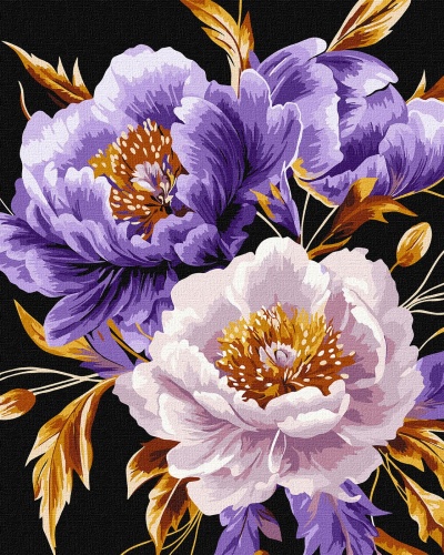 Padrão floral com flores lilás, roxas e brancas em fundo preto