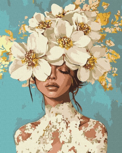 Pintura de mulher com flores brancas na cabeça e fundo azul.