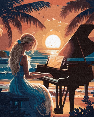 Mulher sentada a tocar piano na praia ao pôr do sol