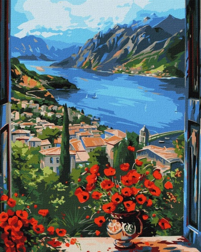 Pintura de paisagem costeira com vaso de flores vermelhas na janela aberta