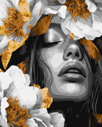 Rosto de mulher com olhos fechados rodeado por flores grandes brancas e amarelas em estilo pintura.
