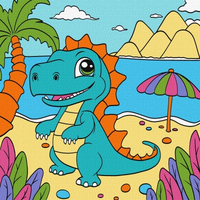 Ilustração de dinossauro azul numa praia com palmeiras e guarda-sol.