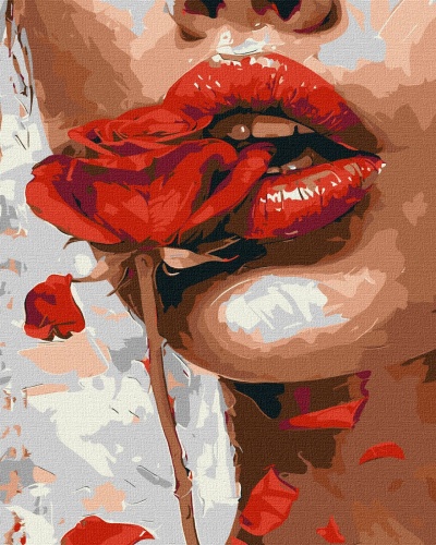Boca feminina com lábios vermelhos e rosa vermelha entre os dentes em estilo pintura