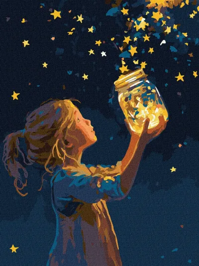 Ilustração de criança segurando frasco com luzes entre estrelas amarelas no fundo escuro