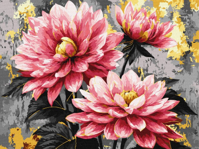 Pintura floral em tons de rosa sobre fundo cinzento e dourado
