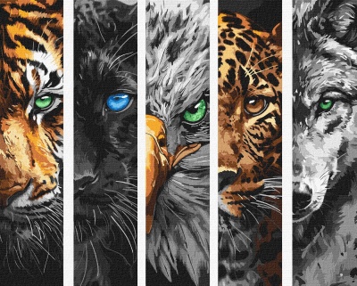 Close-ups pintados de animais selvagens divididos em cinco painéis verticais.