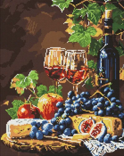 Pixel art ou bordado de mesa com vinho, uvas, queijo e frutas