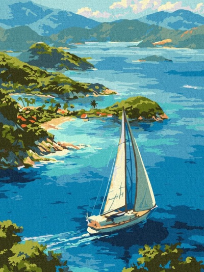 Pintura de veleiro branco em águas azuis perto de ilhas verdes com montanhas ao fundo