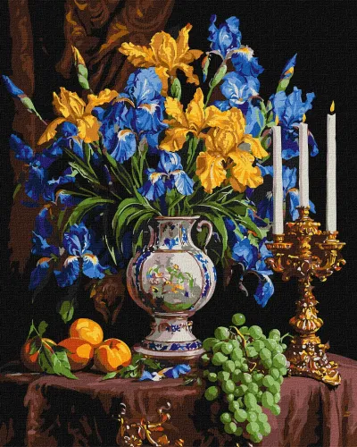 Pintura a óleo de flores e castiçal sobre mesa com frutos