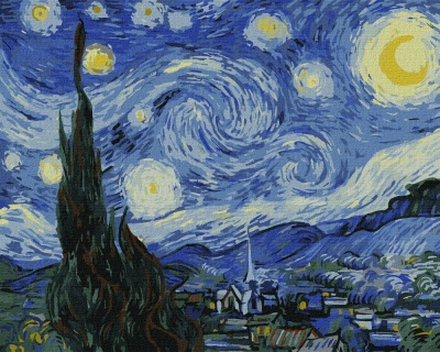 Pintura 'A Noite Estrelada' com céu azul estrelado, lua, vila e árvore escura