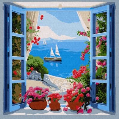 Pintura janela azul aberta com vasos de flores e vista do mar com barcos à vela