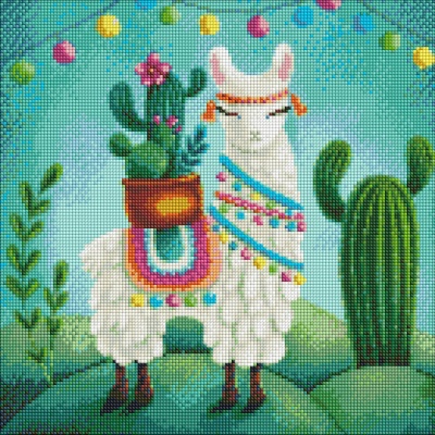 Ilustração colorida de um lama com manta e vaso de flores, cactos ao fundo