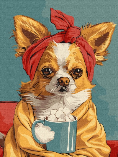 Desenho digital de um cão chihuahua com lenço vermelho na cabeça e manto amarelo segurando uma caneca azul com marshmallows
